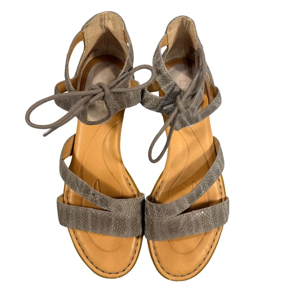 Born‎ Womens 6M Grey Snakeskin Leather Lace Up Gladiator Flat Sandals F17422